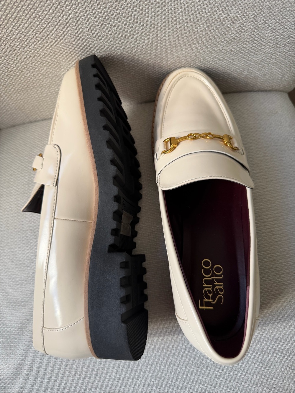 Franco Sarto Cream Patent Loafers with Gold Bit and chunky style soles - Picture 2 of 7